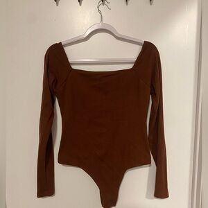 Long Sleeve Square Neck Bodysuit - Brown
